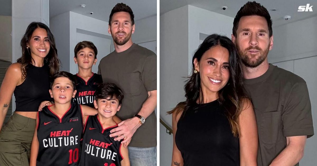 Lionel Messi family (left), Messi and his wife Antonela Rocuzzo (right)