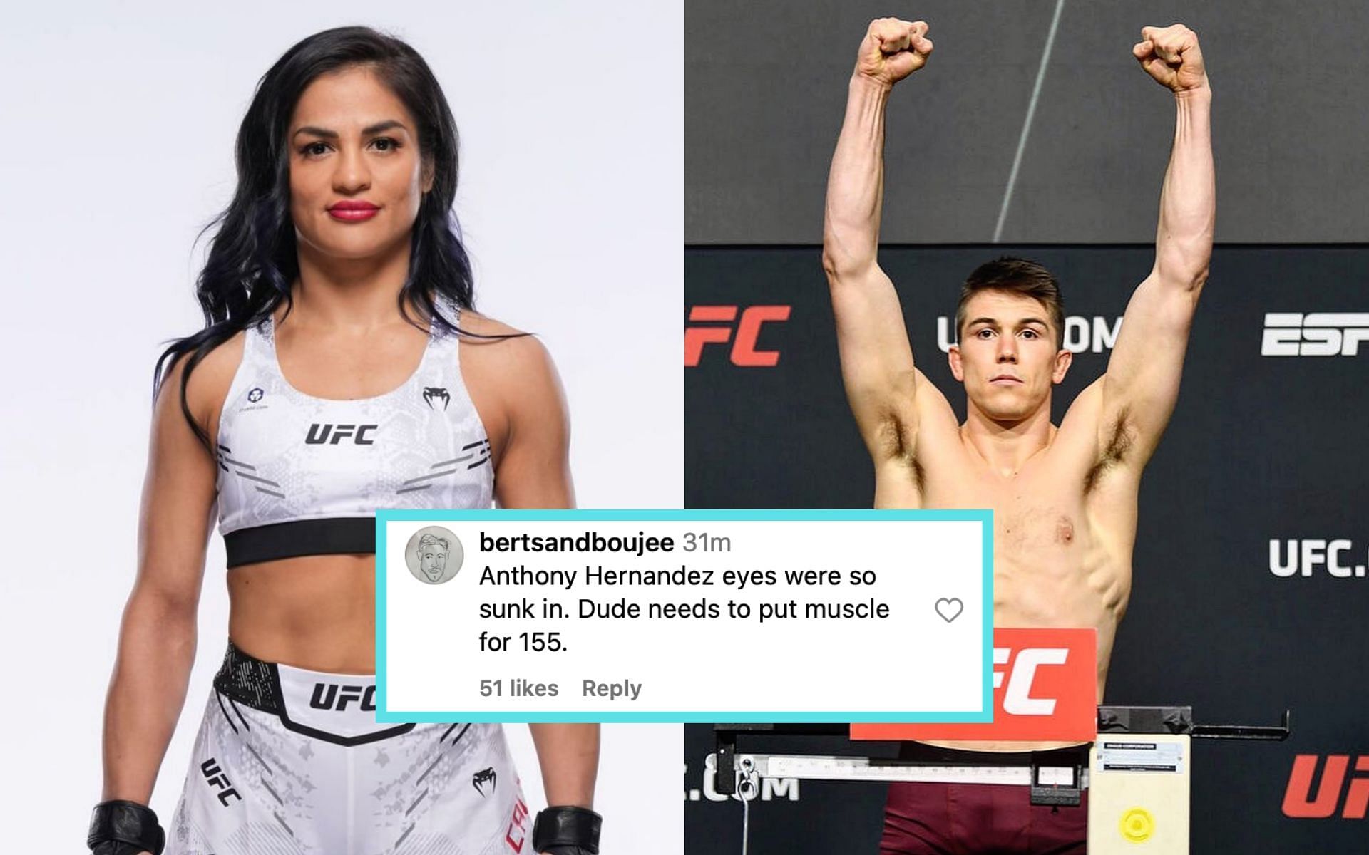 Fans react as UFC Vegas 90 weight misses include Alexander Hernandez (right) and Cynthia Calvillo (left) [Photo Courtesy @cynthia.calvillo and @thegreat155 on Instagram]