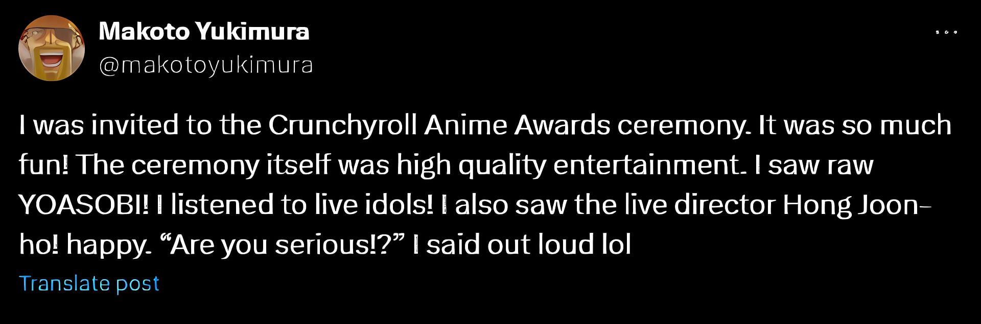 Makoto Yukimura sharing his experience at Crunchyroll Anime Awards (Image via X)