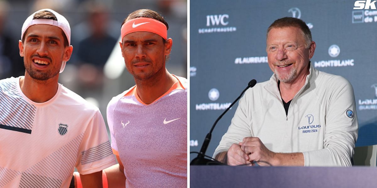 Rafael Nadal with Pedro Cachin (L) and Boris Becker (R)