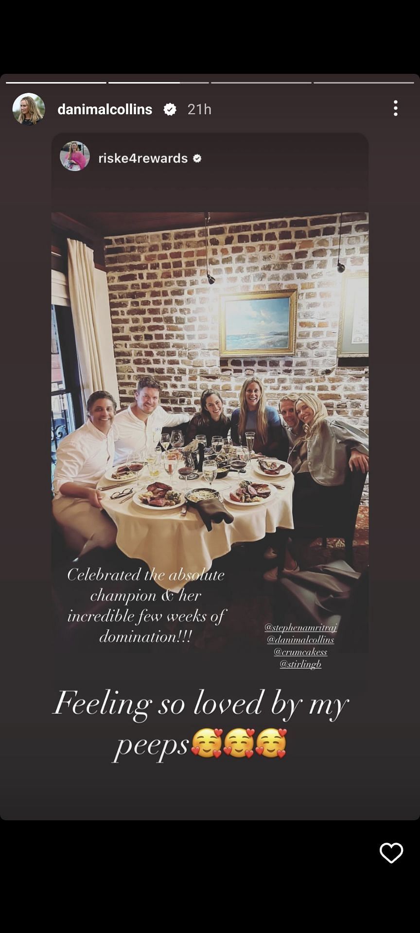 Danielle Collins&#039; Instagram post showing her celebrating her Charleston Open triumph with Alison-Riske Amritraj, Stephen Amritraj, and others
