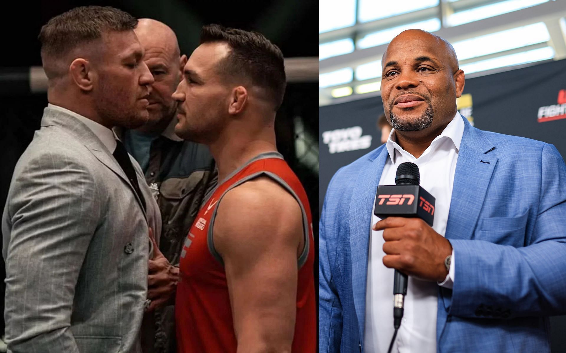Conor McGregor vs Michael Chandler (left) and Daniel Cormier (right). [via Getty Images and @TheNotoriousMMA on X]