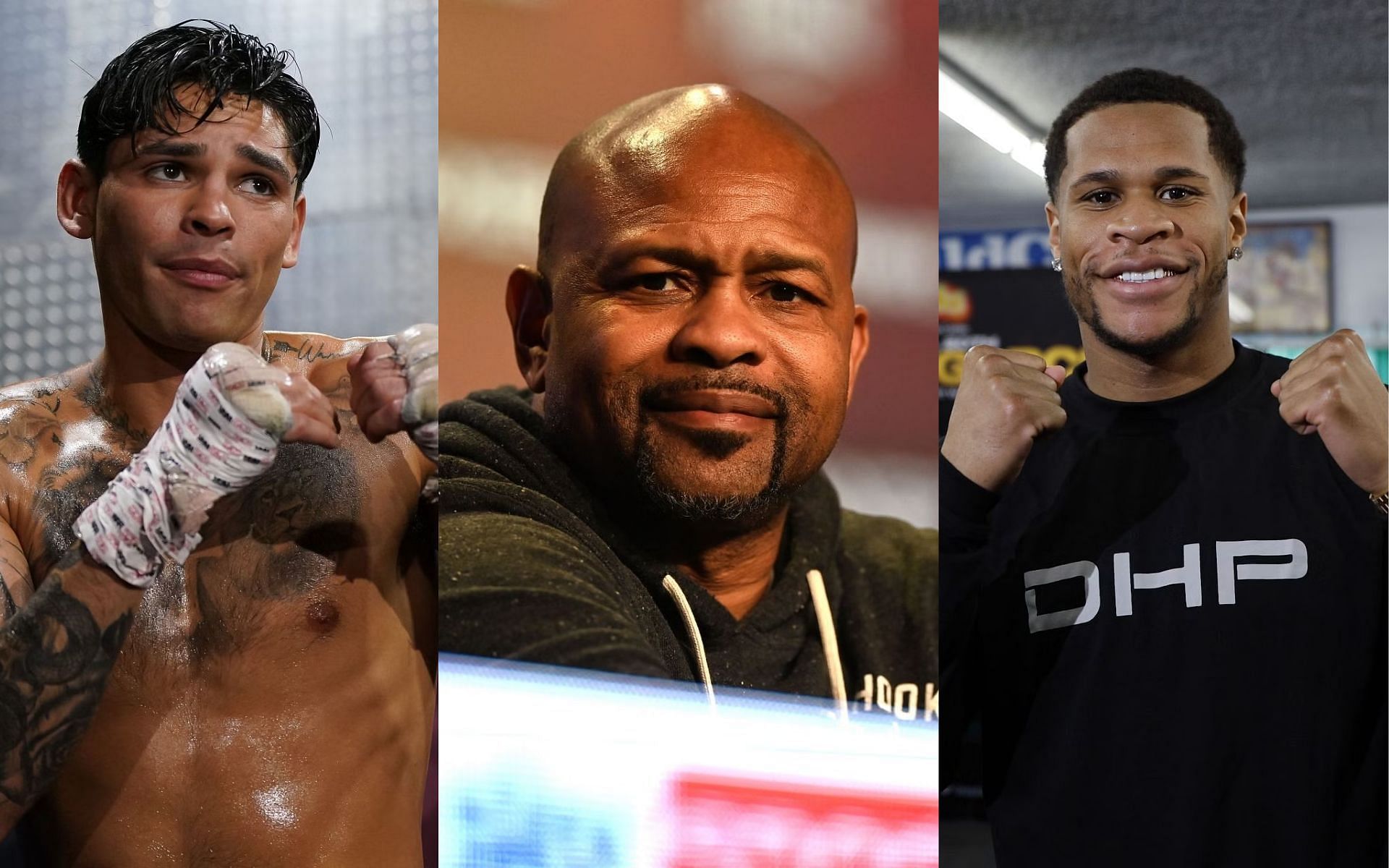 Roy Jones Jr. (middle) shares advice with Ryan Garcia (left) ahead of his clash with Devin Haney (right) [Images Courtesy: @GettyImages]