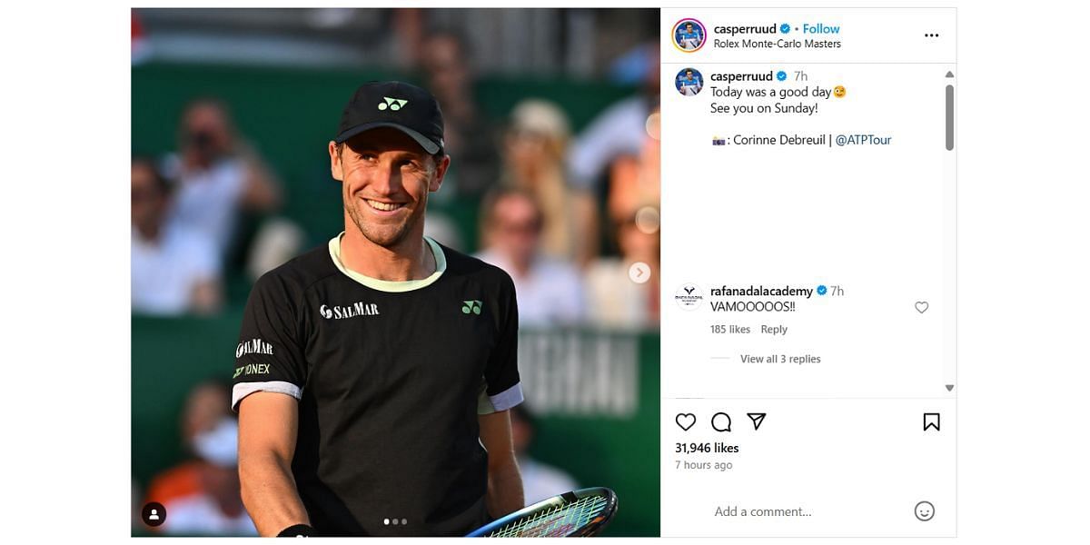 A screenshot of Rafa Nadal Academy&#039;s comment on Casper Ruud&#039;s Instagram post.