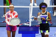 Victoria Azarenka (L) and Naomi Osaka (R) during the 2020 US Open women's singles trophy presentation ceremony