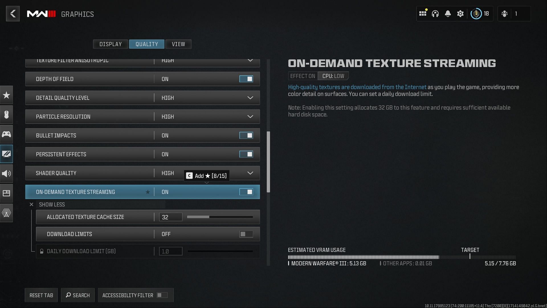 On-Demand Texture Streaming option (Image via Activision)