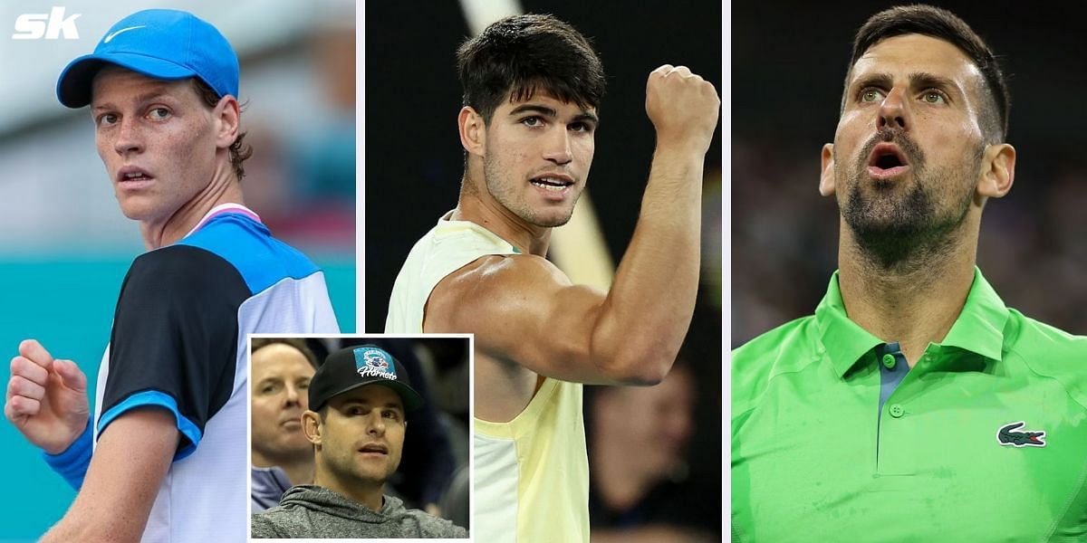 Jannik Sinner (L), Carlos Alcaraz (center), Novak Djokovic (R), Andy Roddick (inset)