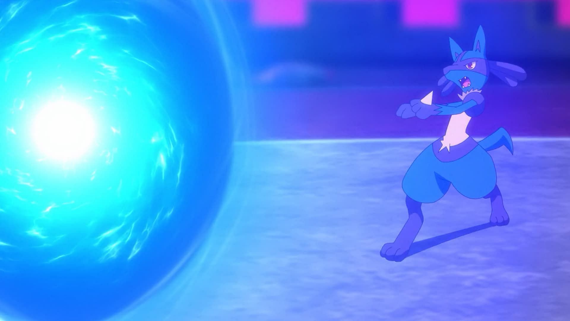 Lucario using Aura Sphere in the anime (Image via The Pokemon Company)