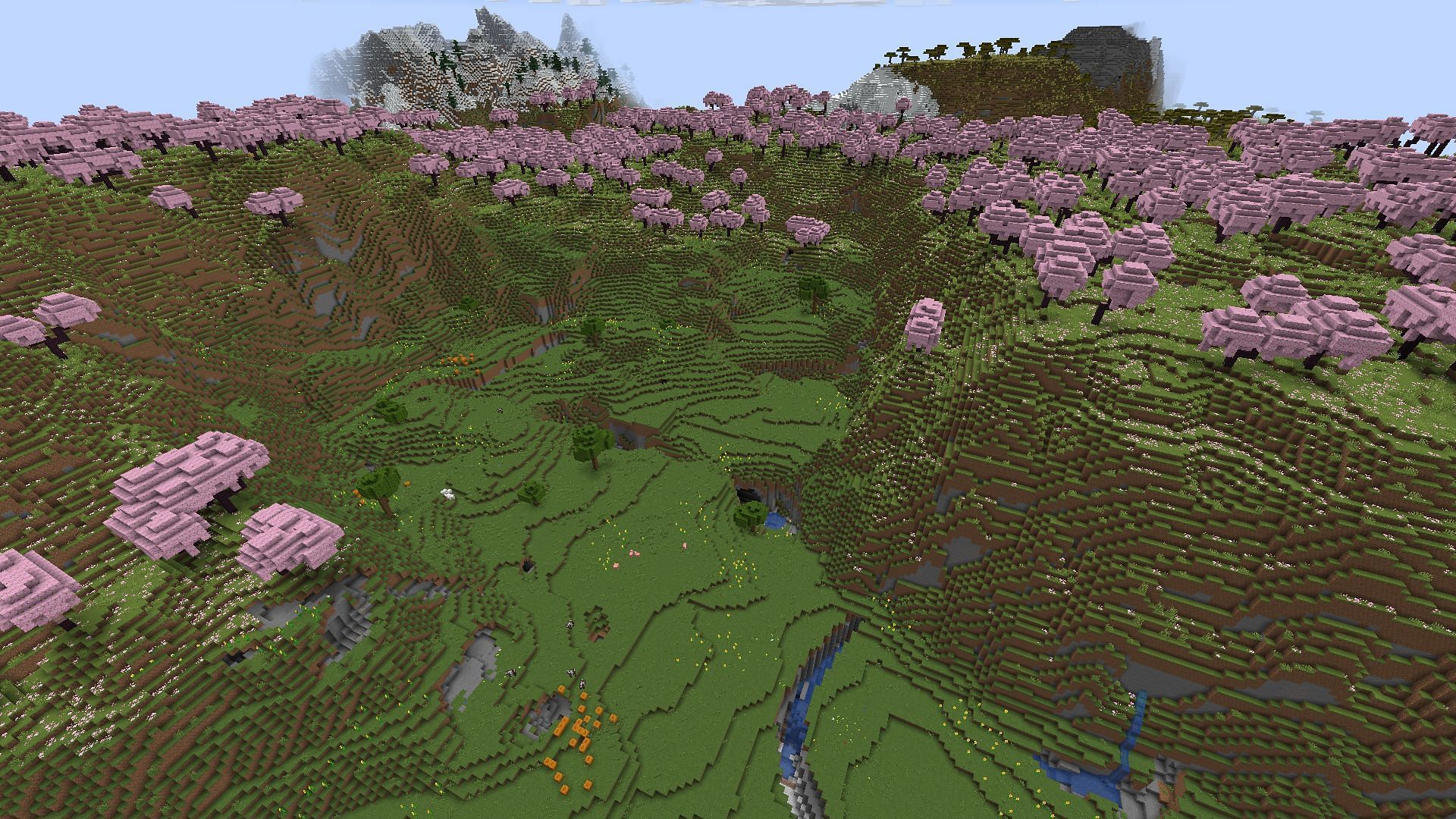 The aesthetic cirque formed by the cherry mountains (Image via Mojang)
