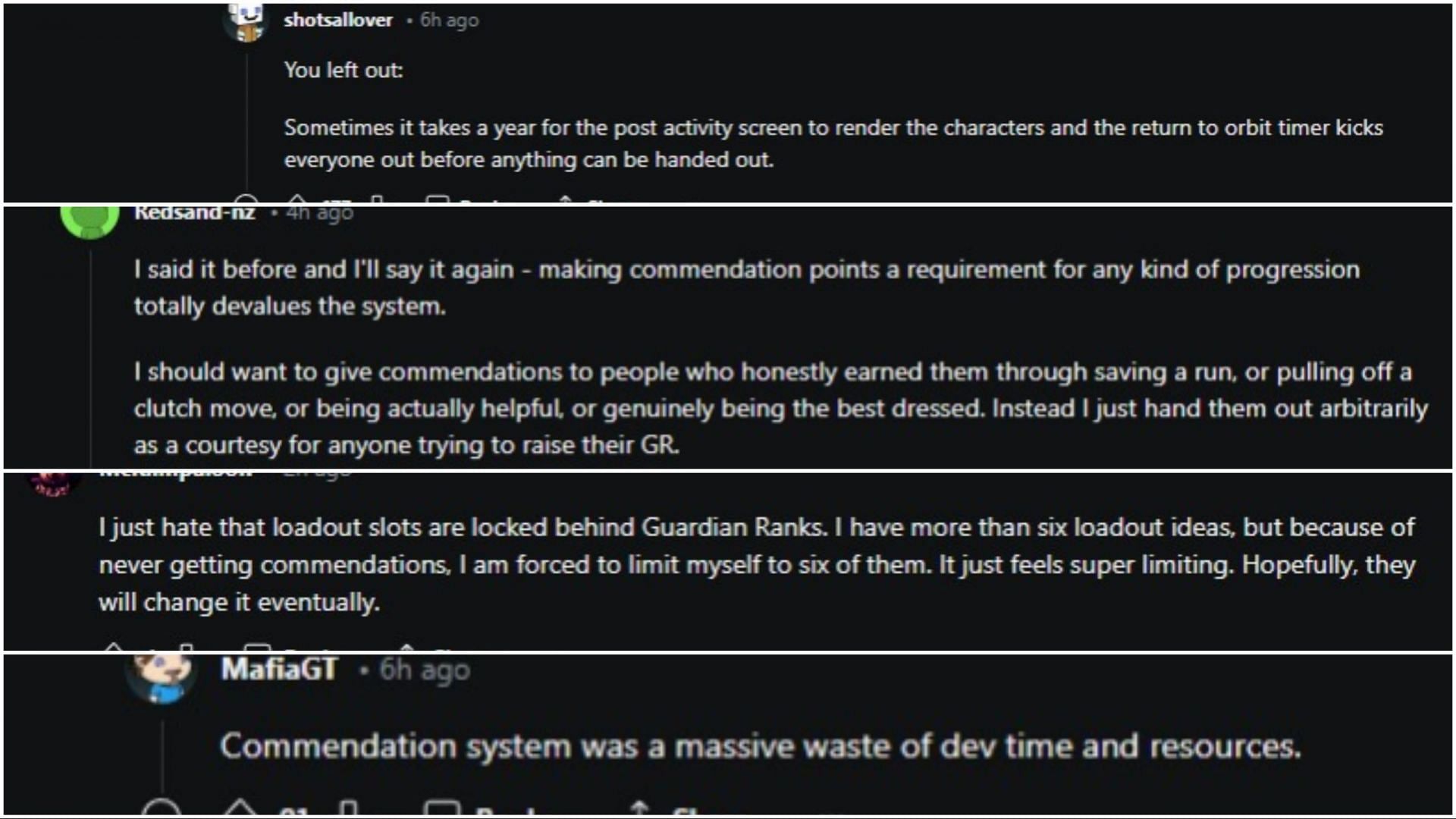 Reactions on Destiny 2 Reddit regarding the Commendations post (Image via Reddit)