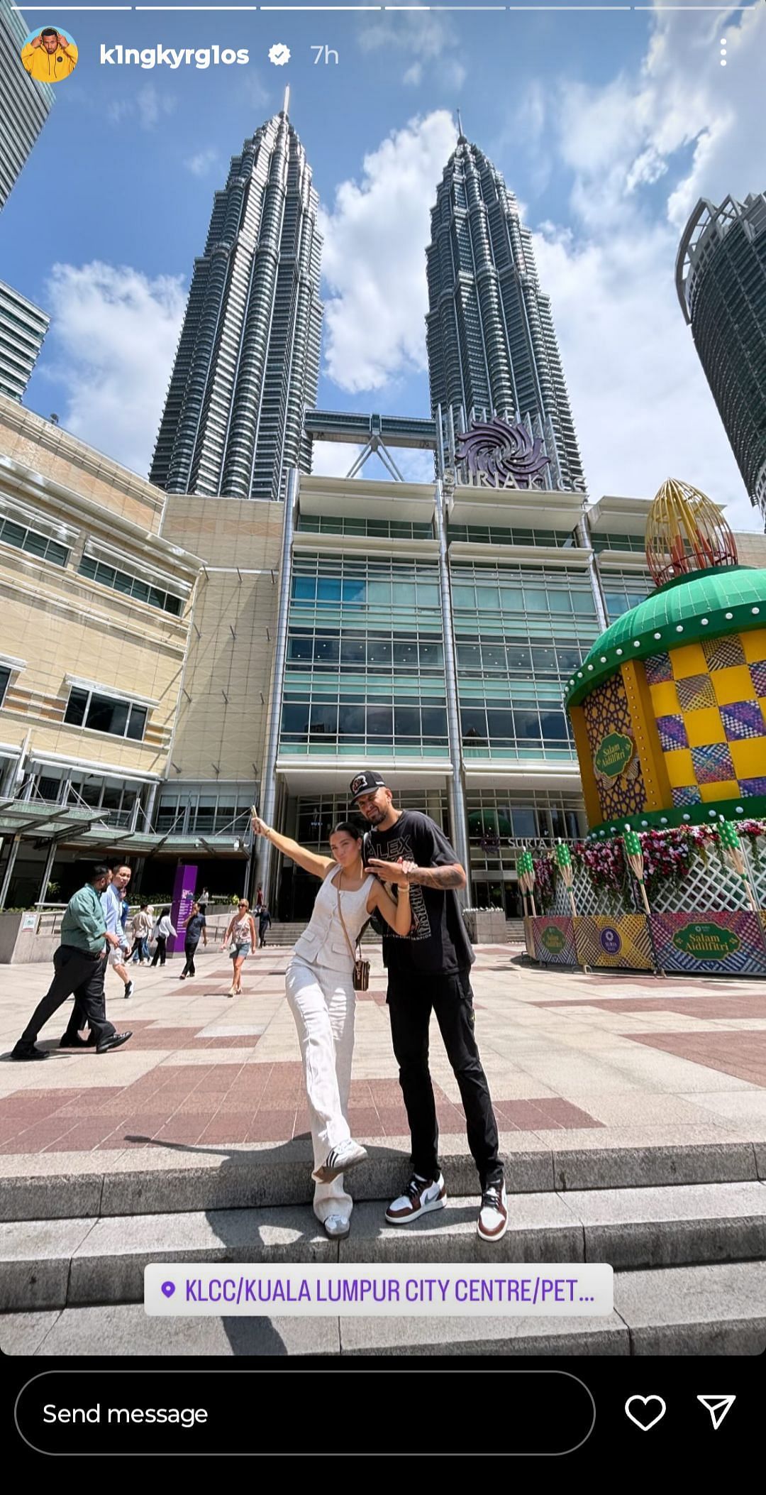 Kyrgios&#039; Instagram post featuring himself and girlfriend Hatzi at the Kuala Lumpur City Centre