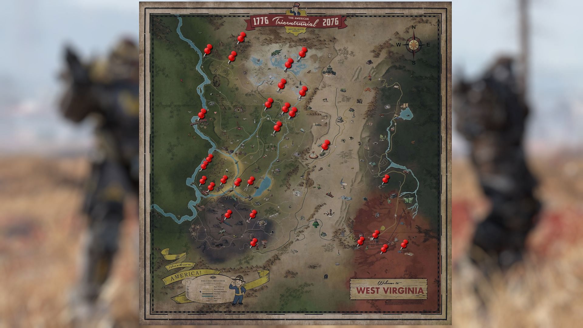 All Power Armor locations on the Fallout 76 map (Image via Bethesda Softworks)