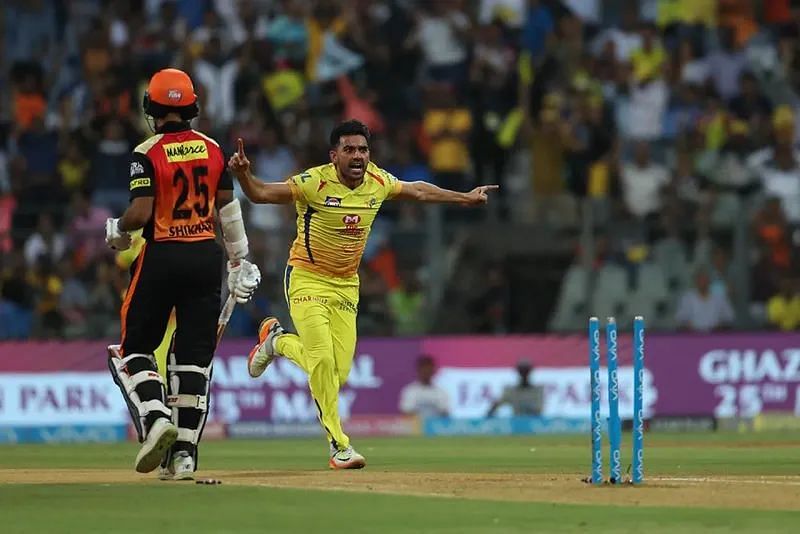 Deepak Chahar celebrates the wicket of Shikhar Dhawan of SRH during the Qualifier 1 match of IPL 2018 (Photo/Ron Gaunt for BCCI)