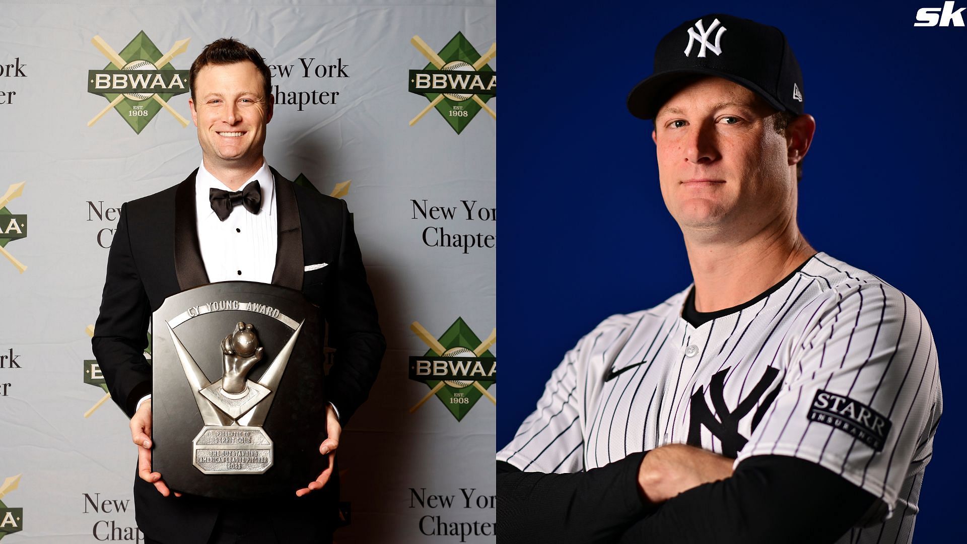 New York Yankees pitcher Gerrit Cole poses with the American League Cy Young Award during the 2024 BBWAA Awards Dinner