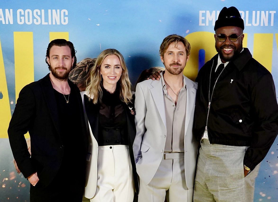 The cast poses for a picture during their UK tour. (Image via X/ Ryan Gosling Daily Page)