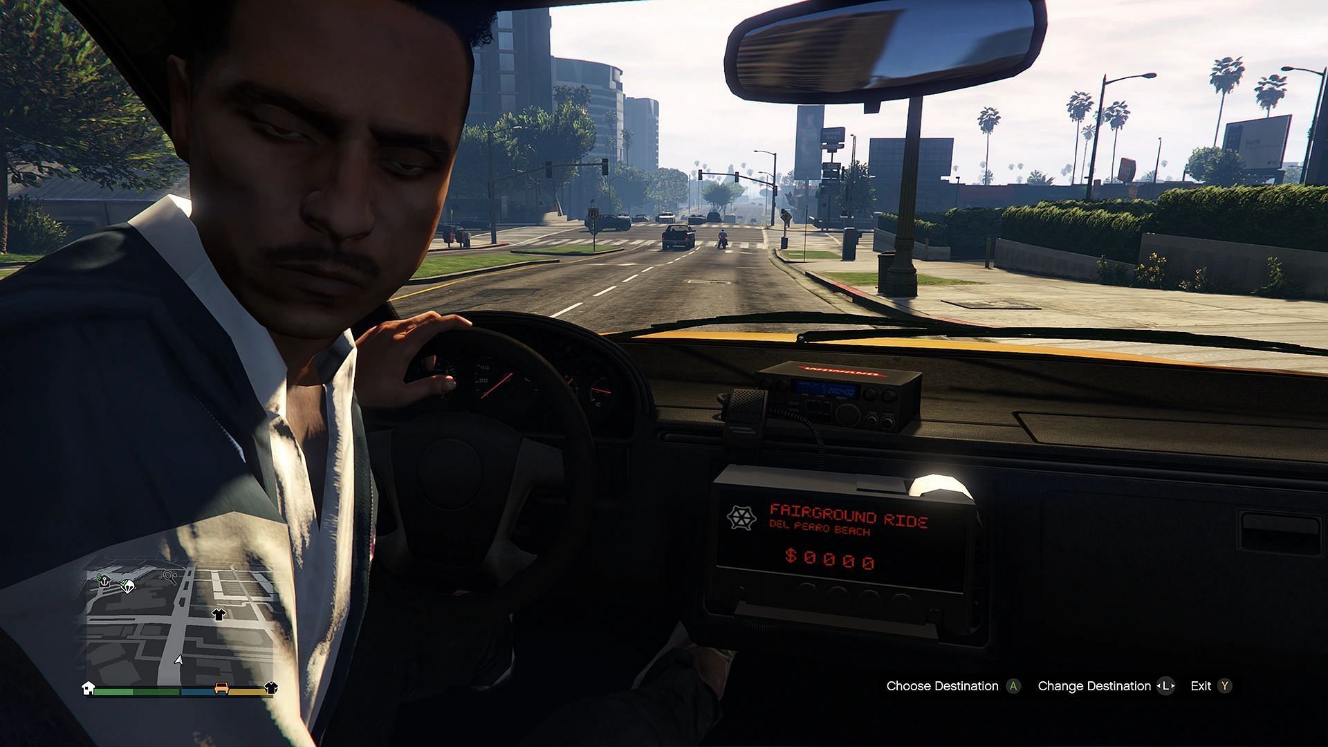 Inside a Taxi as a passenger in Grand Theft Auto 5 (Image via Rockstar Games || GTA Wiki)