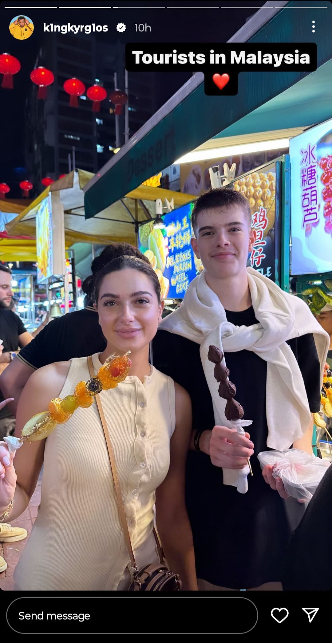 Nick Kyrgios&#039; Instagram post featuring Costeen Hatzi and a young man who joined them on the trip enjoying Malaysian street food
