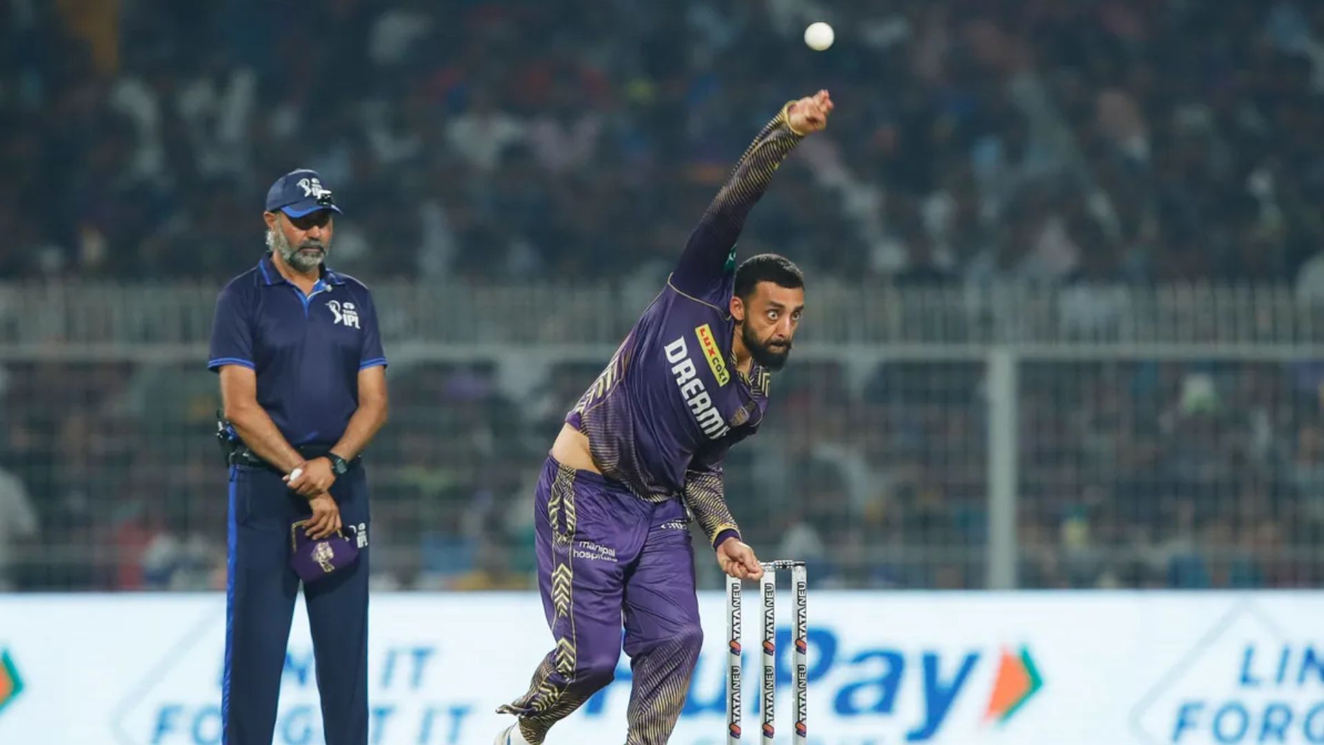 Varun Chakravarthy in action for KKR against DC