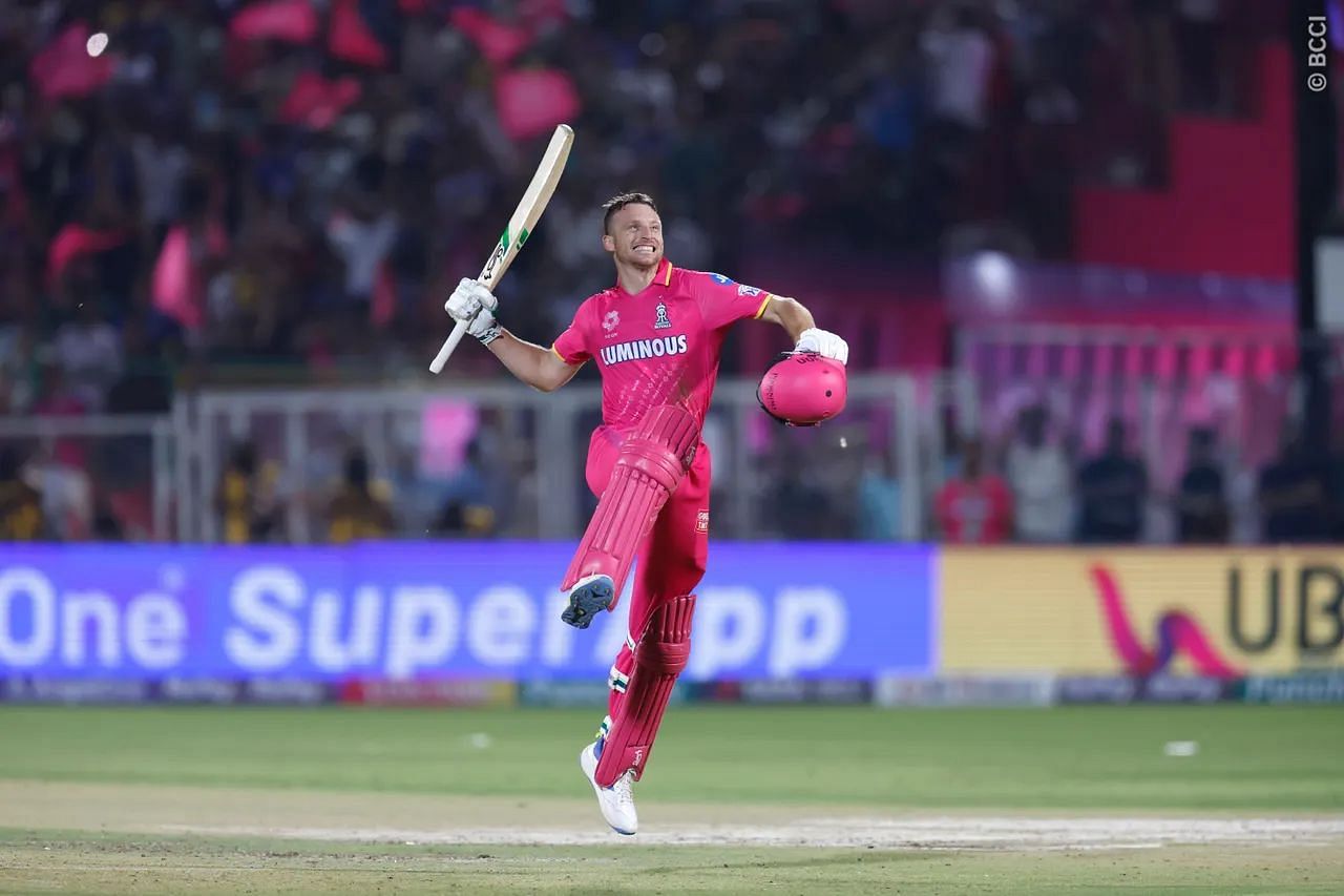 Jos Buttler of Rajasthan Royals celebrates his century against RCB. (Credit: BCCI)