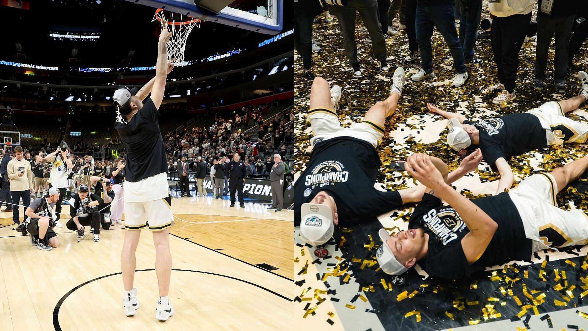 Zach Edey cuts down the net after Elite Eight win over Tennessee