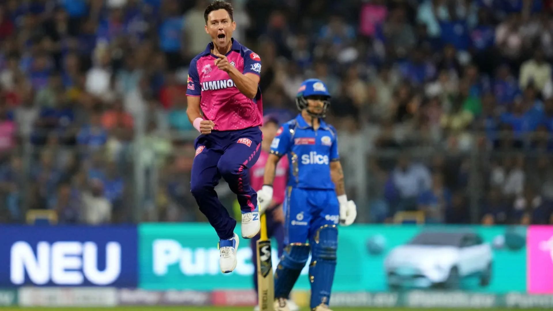 Trent Boult celebrates after picking up a wicket against MI on Monday