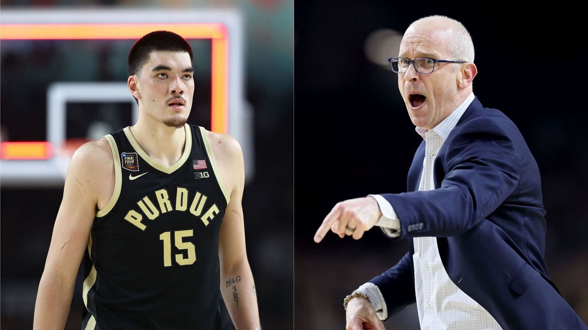 Purdue center Zach Edey had a brief exchange with UConn coach Dan Hurley at the half of their national championship clash at the State Farm Stadium in Glendale, Arizona.