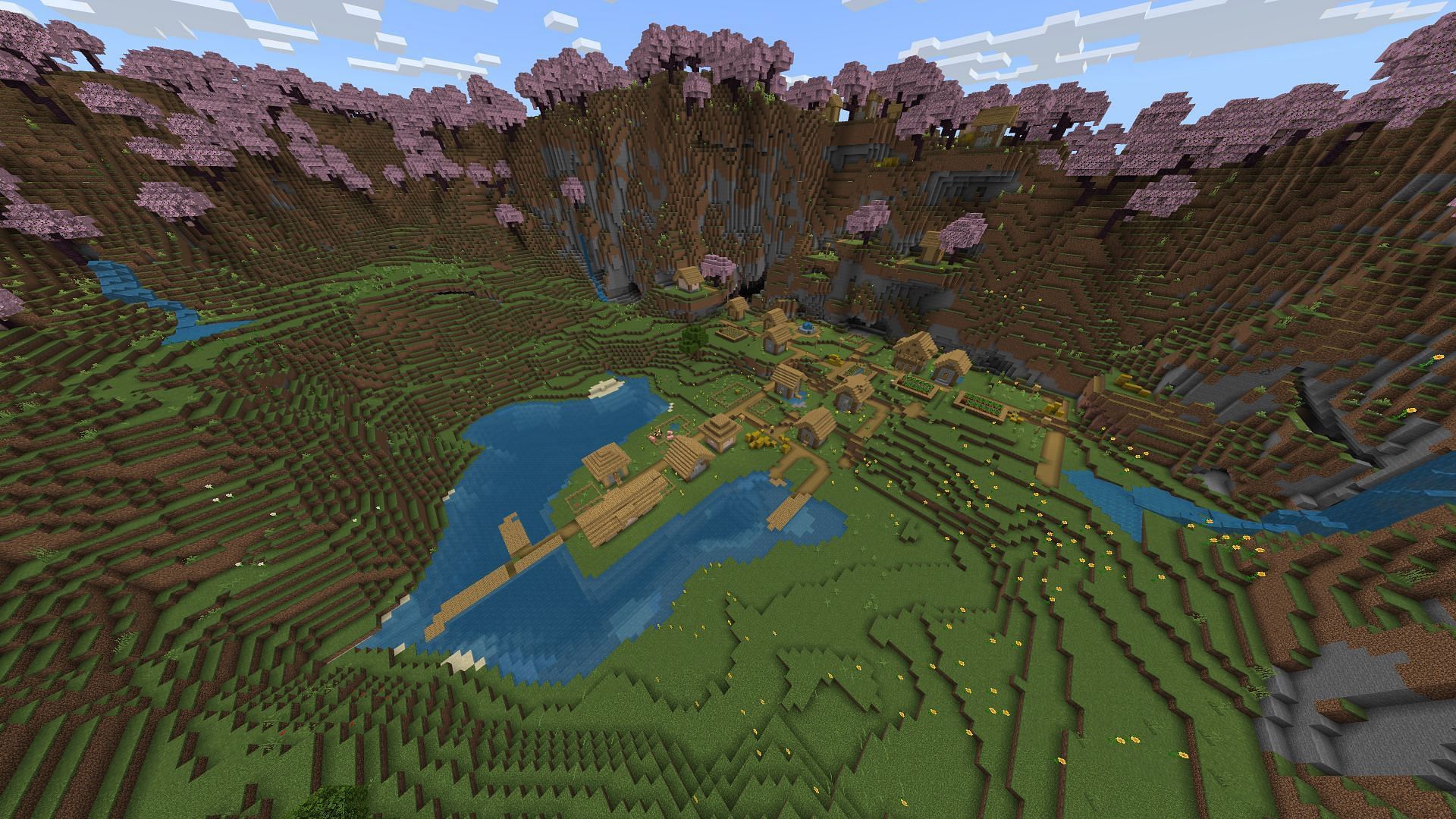 This Minecraft PE seed offers a beautiful and comfortable village near a cherry grove (Image via Mojang)