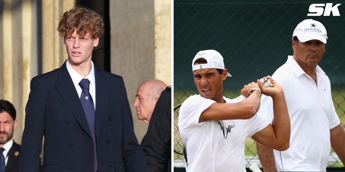 Jannik Sinner (L), Rafael Nadal and uncle Toni (R)