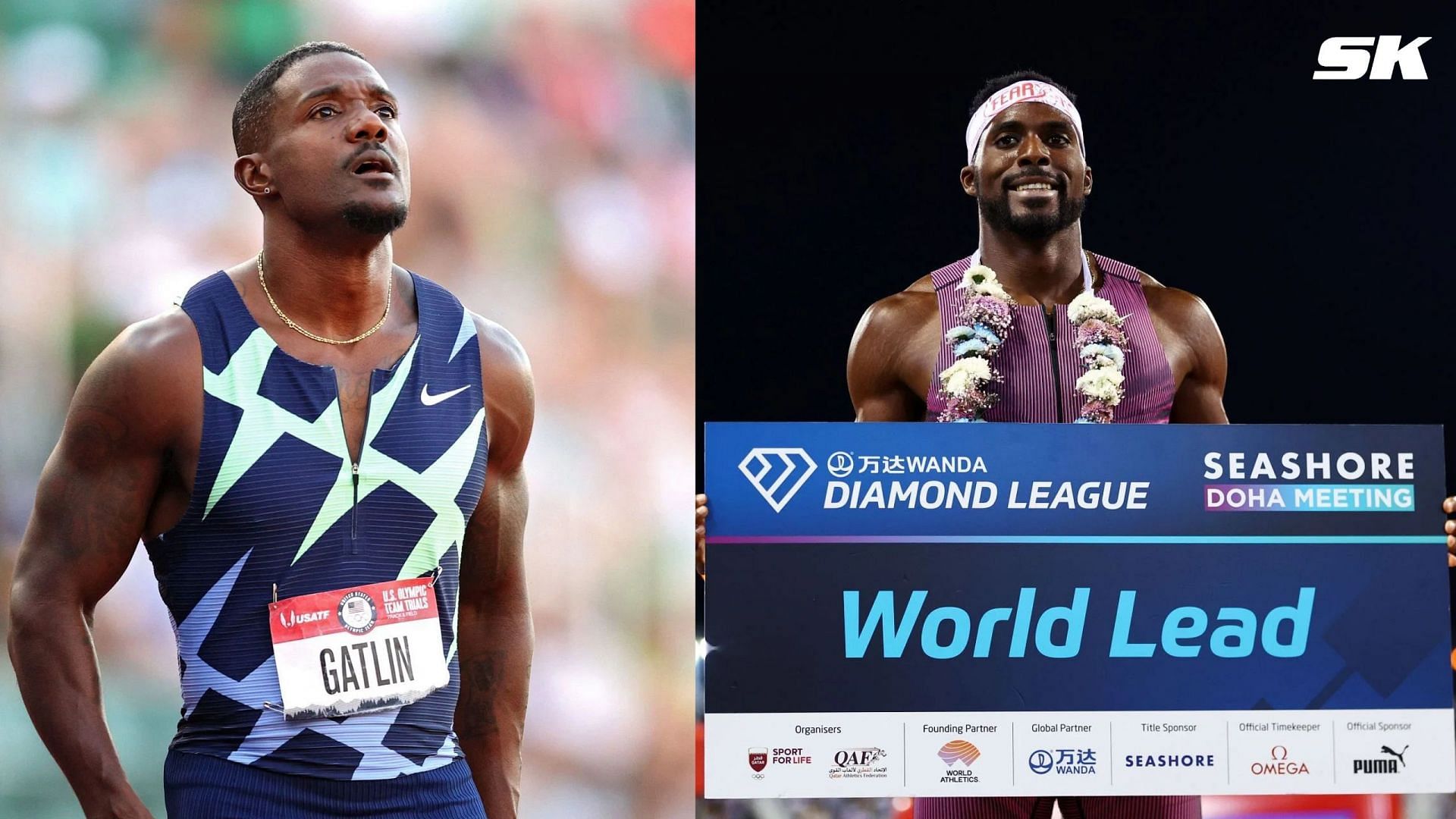 Justin Gatlin reacts to Kenny Bednarek 