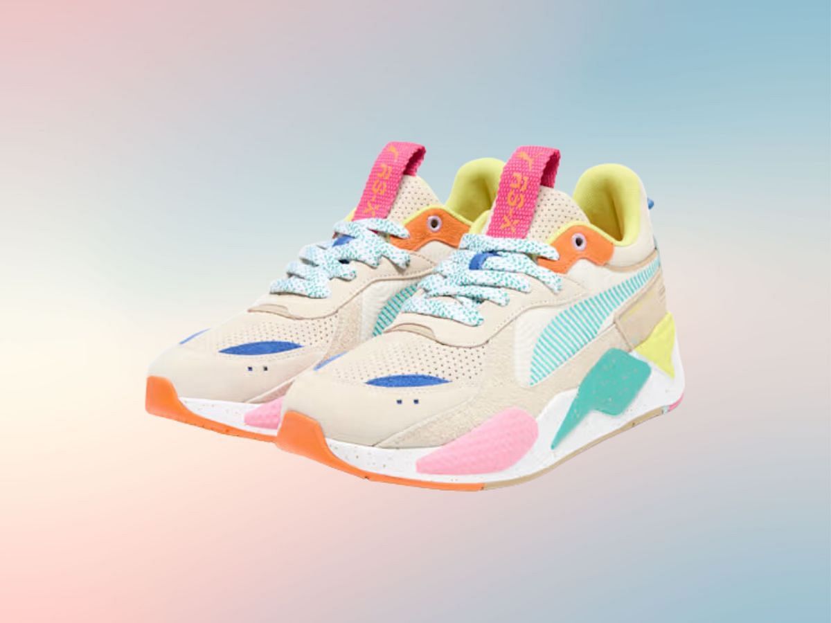 RS-X Suede Multi Sneakers Alpine Snow-Prairie Tan-Rickie Orange colorway (Image via Puma)