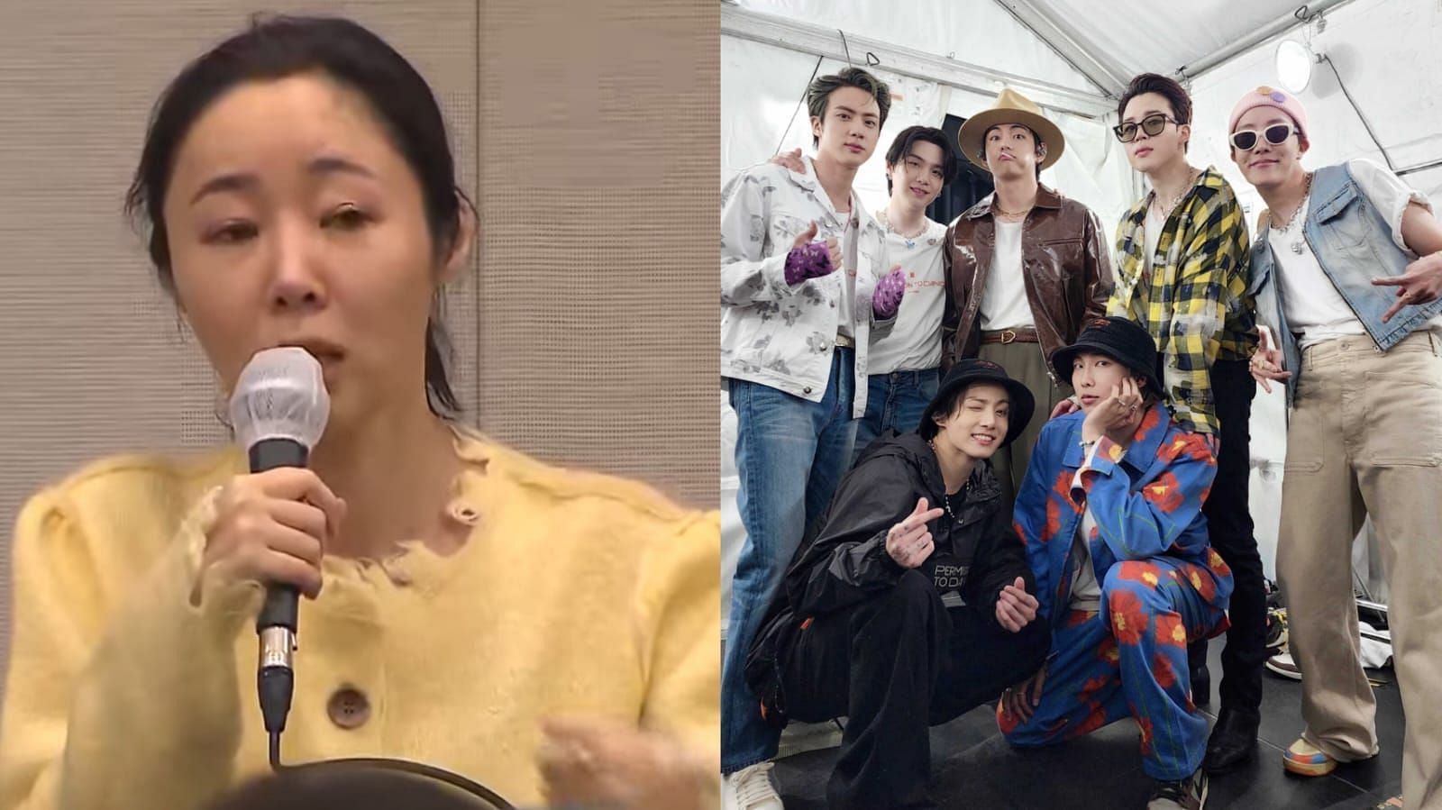  Min Hee-jin receives backlash for allegedly citing her MBTI in response to BTS, LE SSERAFIM &amp; ILLIT concerns (Image via SBS/YouTube and @bts_bighit/X)