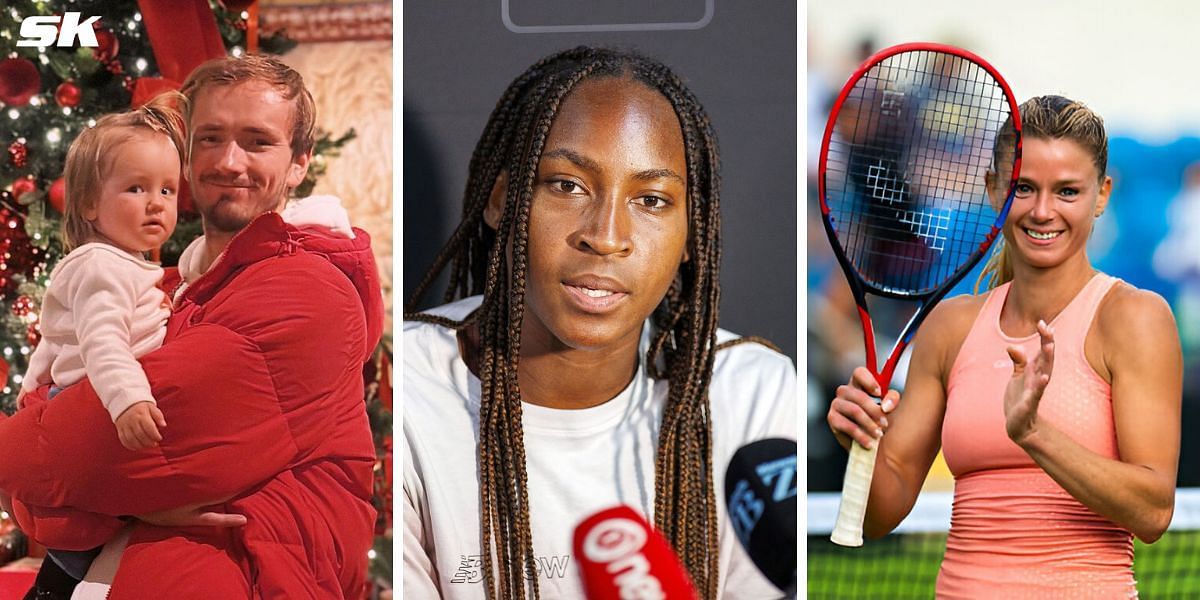 (Left to Right) Daniil Medvedev and daughter Alisa, Coco Gauff, Camila Giorgi 