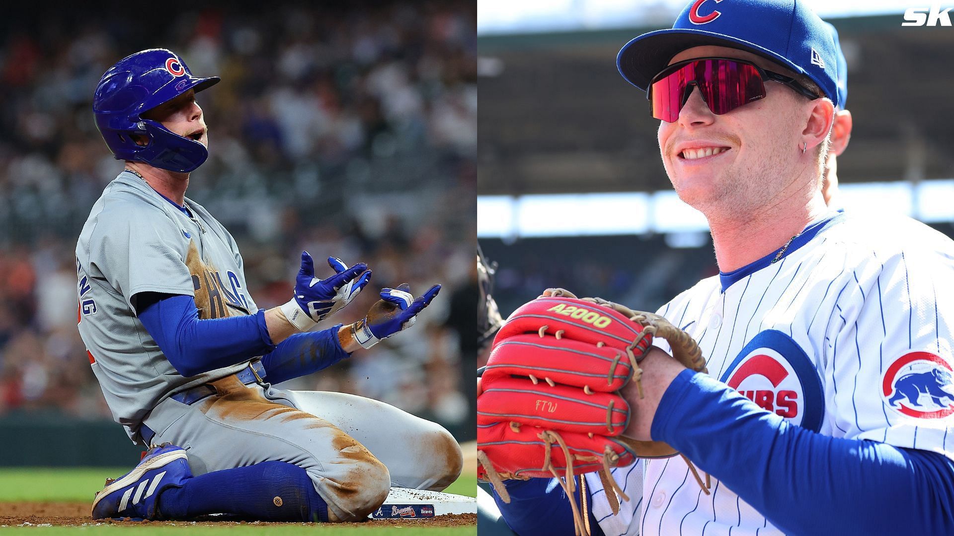 Pete Crow-Armstrong of the Chicago Cubs reacts after hitting a triple to lead off the eighth inning against the Atlanta Braves at Truist Park