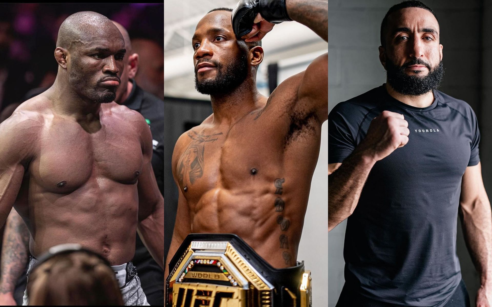 Kamaru Usman (left) fuels return rumors amid Leon Edwards (middle) vs. Belal Muhammad (right) announcement [Images courtesy @usman84kg @leonedwardsmma and @bullyb170 on Instagram]