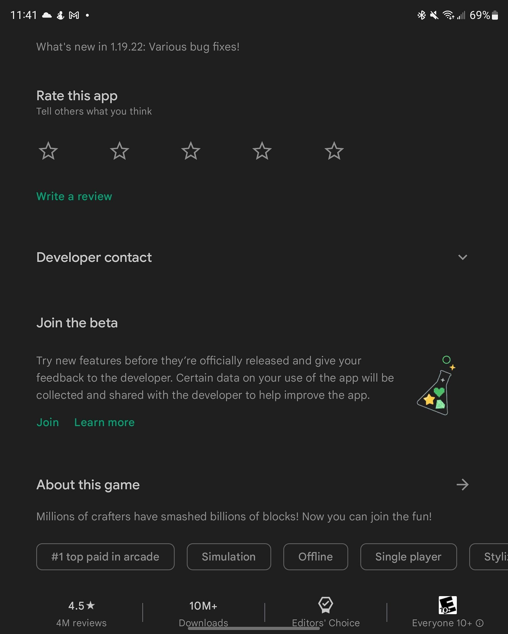 The Beta install section on the Google Play Store (Image via Mojang)