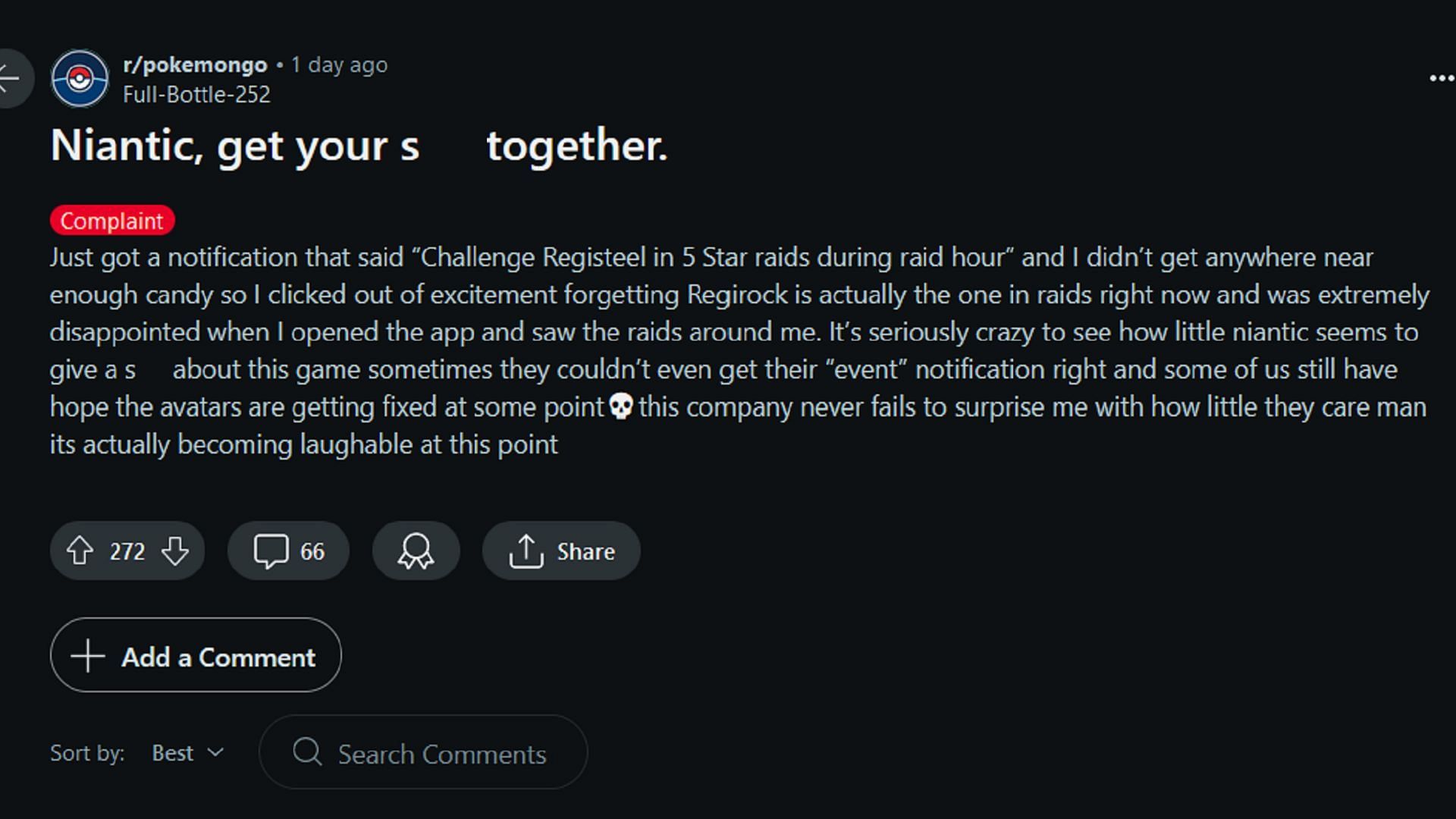 u/Full-Bottle-252 criticizes Niantic for an incorrect Pokemon GO notification (Image via u/Full-Bottle-252/Reddit)