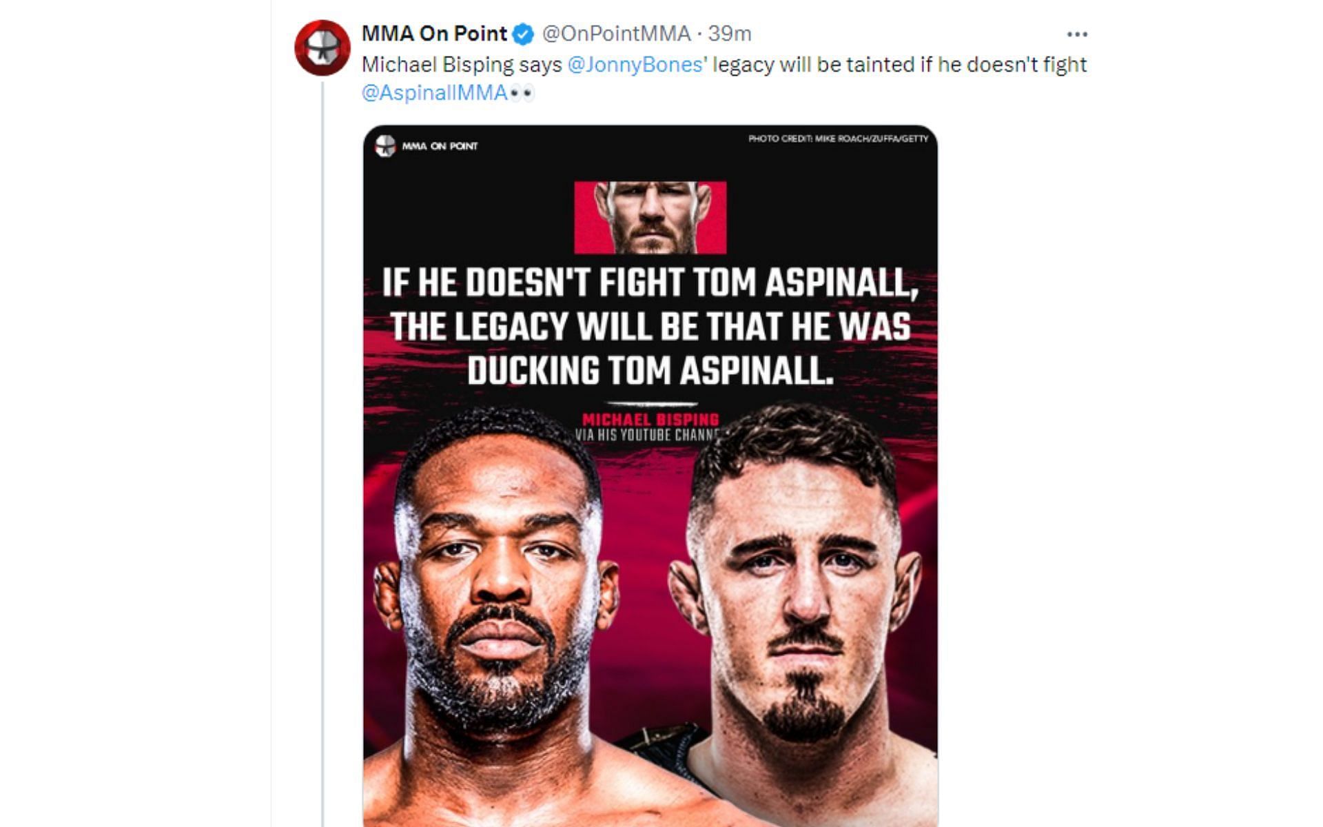 Tweet regarding Bisping&#039;s comments about Jones [Image courtesy: @OnPointMMA - X]