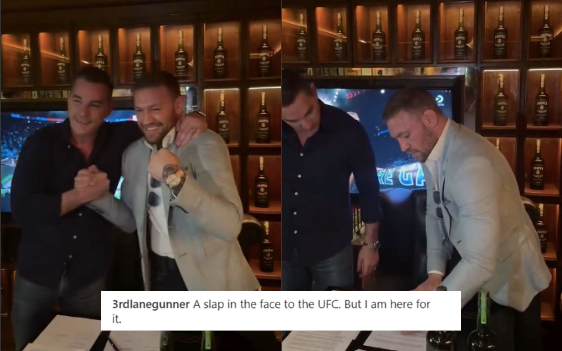 Conor McGregor (right) welcomes David Feldman (left) to the Black Forge Inn to sign BKFC papers [Image via: @bareknucklefc on Instagram] 