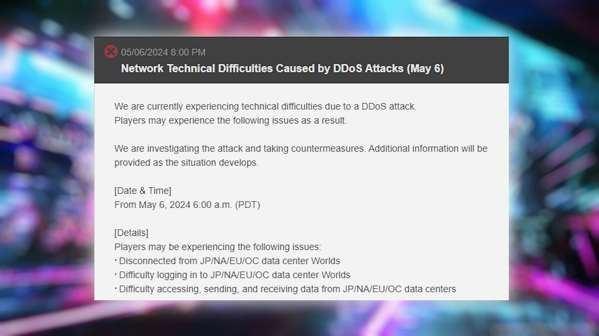 The developer addressed the DDoS attacks on the official blog post (Image via Square Enix)