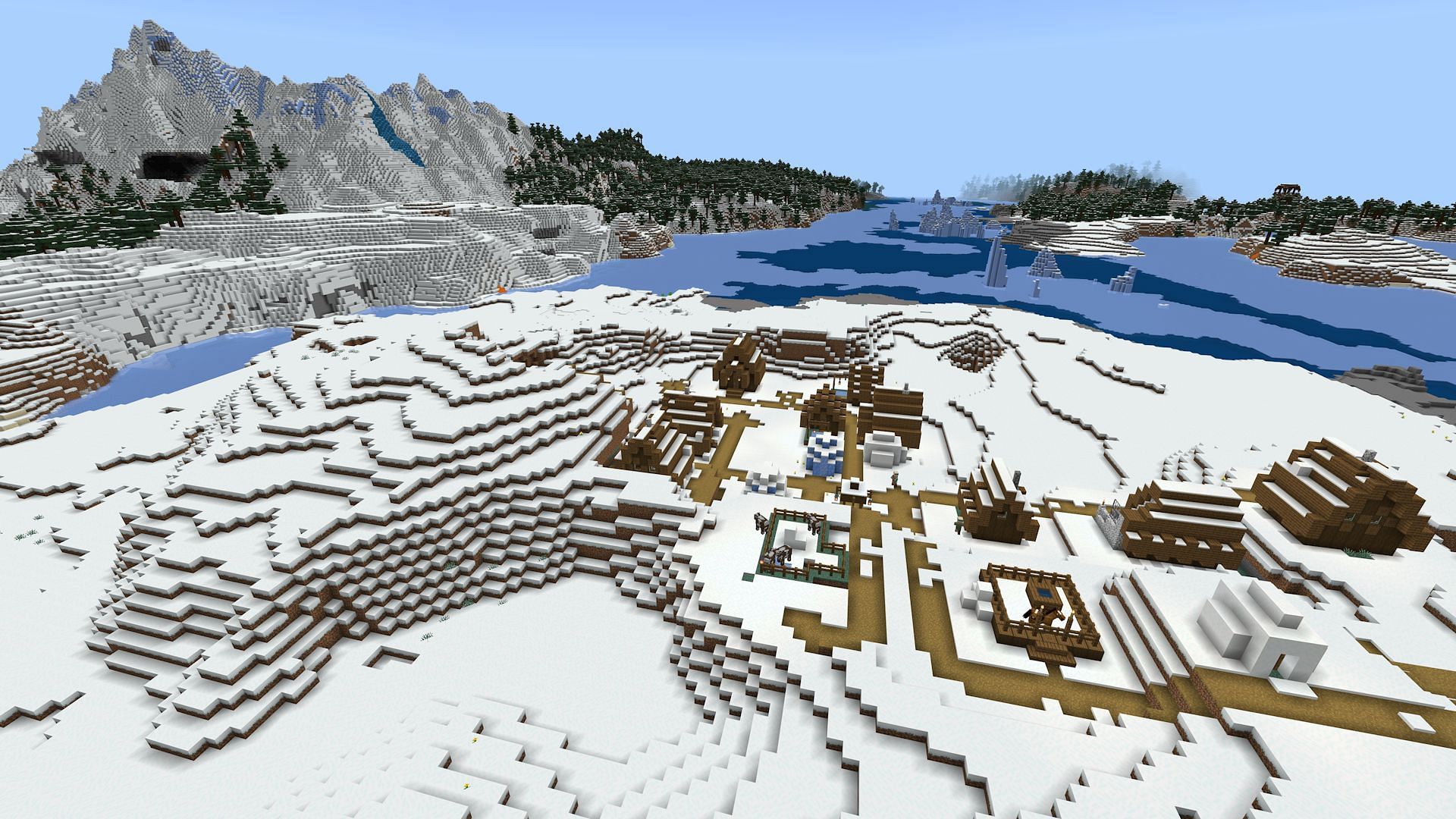 A snowy village found near the seed&#039;s spawn (Image via Mojang)