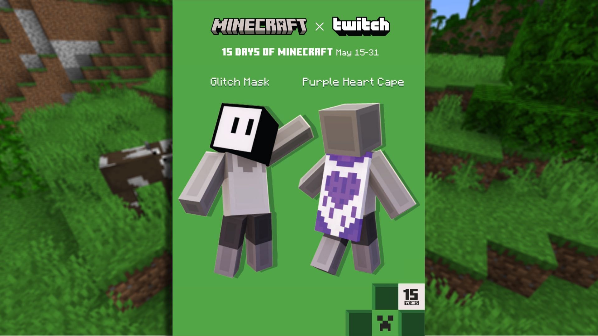 The Twitch exclusive Minecraft 15th anniversary cape and mask (Image via Mojang)
