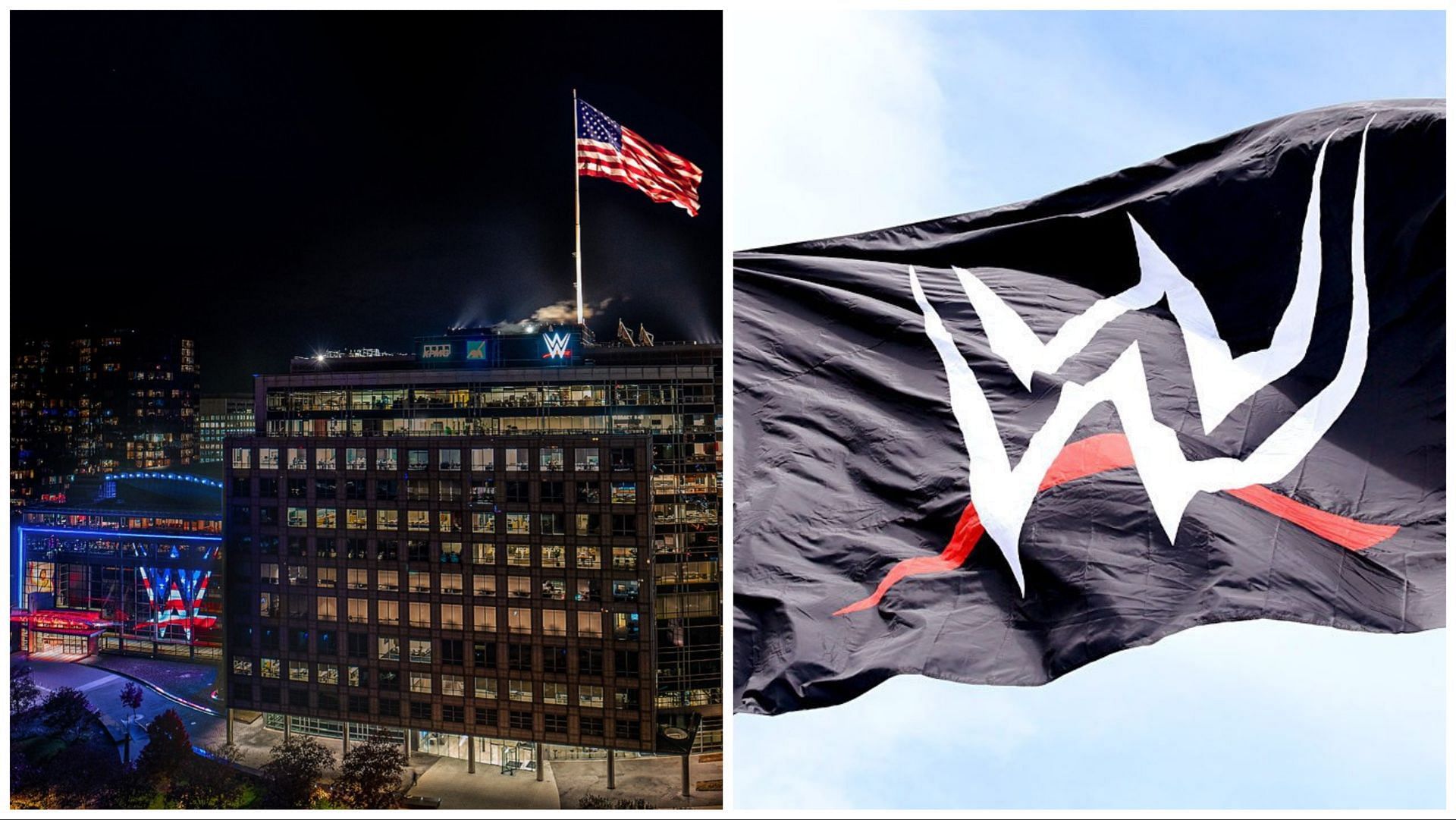 The new WWE HQ in Stamford, the official WWE logo flag
