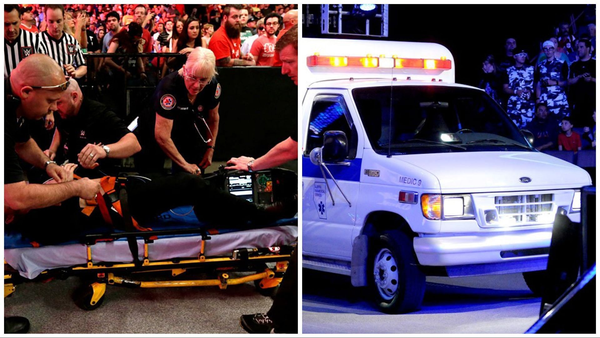 WWE medical crews with a stretcher and ambulance on RAW