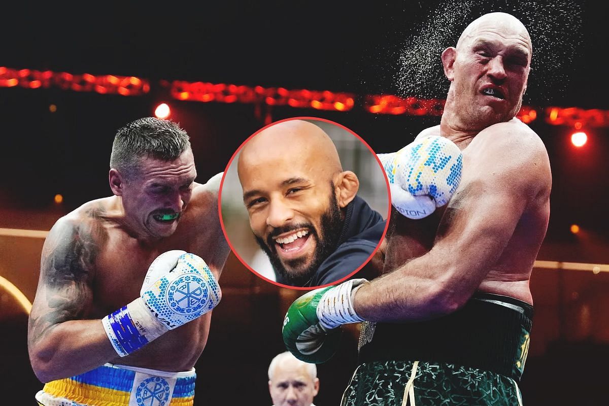 Demetrious Johnson (circle inset) reacts to Oleksandr Usyk