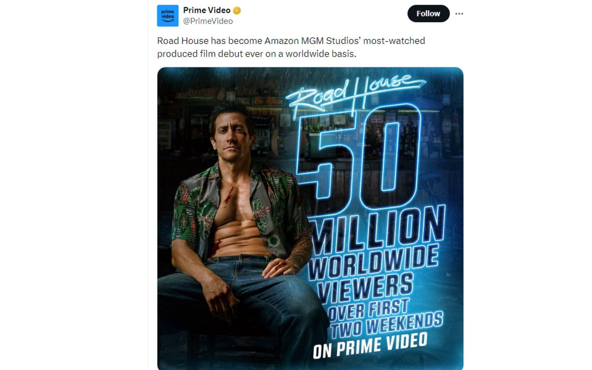 Tweet regarding the film&#039;s success on Prime Video [Image courtesy: @PrimeVideo - X]