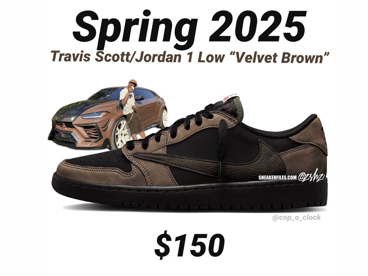 Travis Scott x Air Jordan 1 Low &ldquo;Velvet Brown&rdquo; sneakers first look revealed (Image via Instagram/@cop_o_clock)