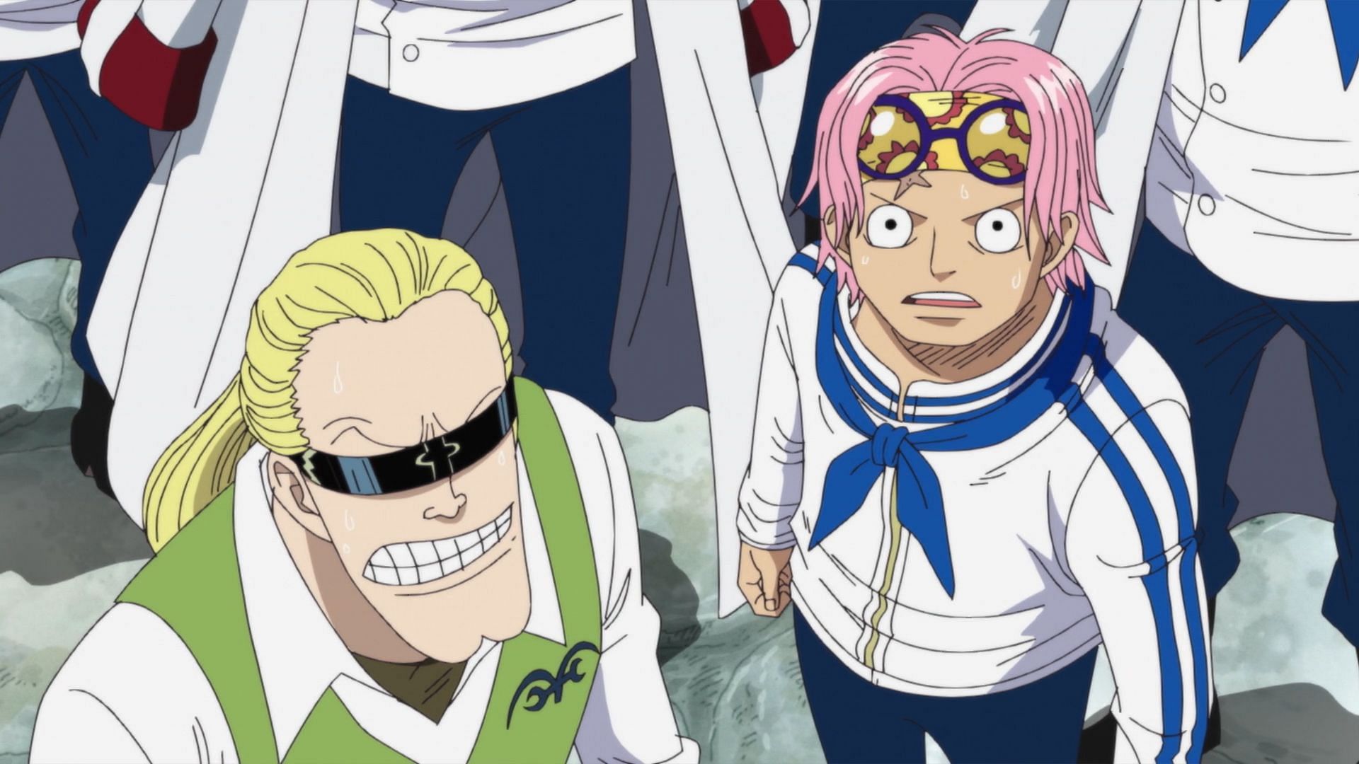 One Piece characters Helmeppo (left) seen with friend Koby (right) in the anime series (Image via Toei Animation)