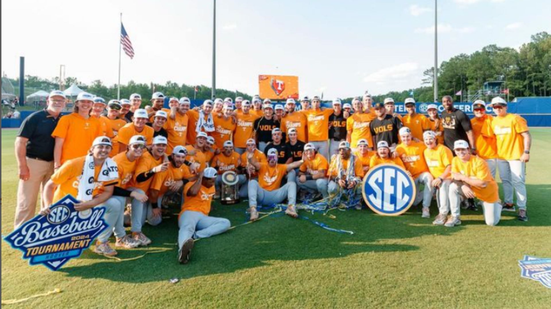 The Tennessee Volunteers pose for their winning moment after claiming the SEC Tournament at the Hoover Metropolitan Stadium