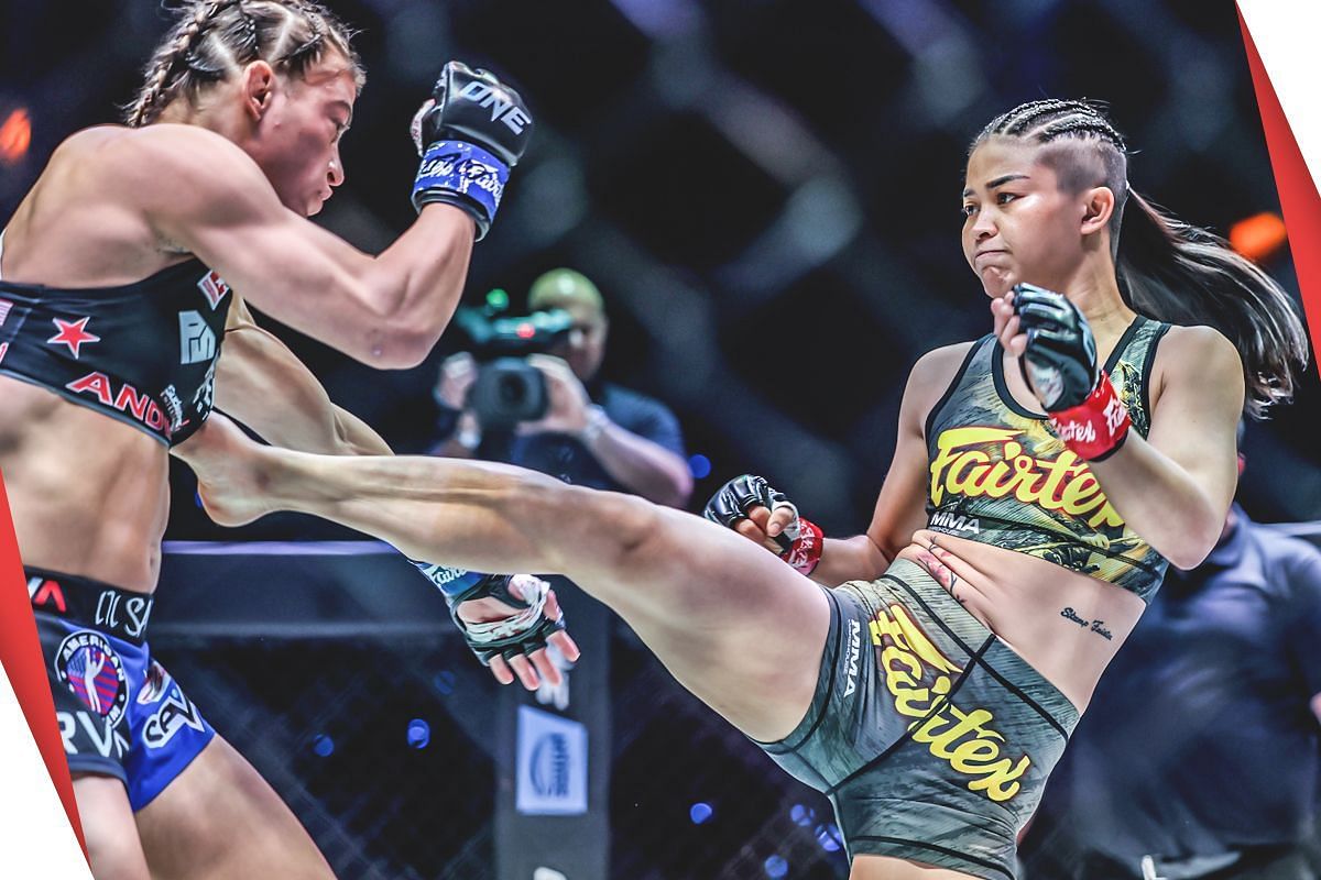 Stamp lands a big kick against Alyse Anderson [Photo via: ONE Championship]