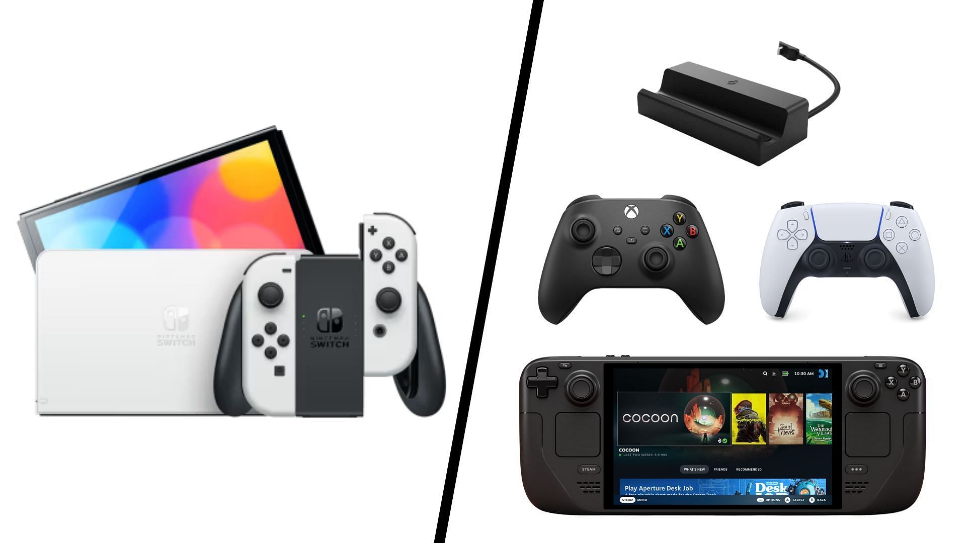 The Switch comes with controllers and dock, which you don&#039;t see in the Deck (Image via Nintendo, Steam, PlayStation, Xbox, MX2Games)